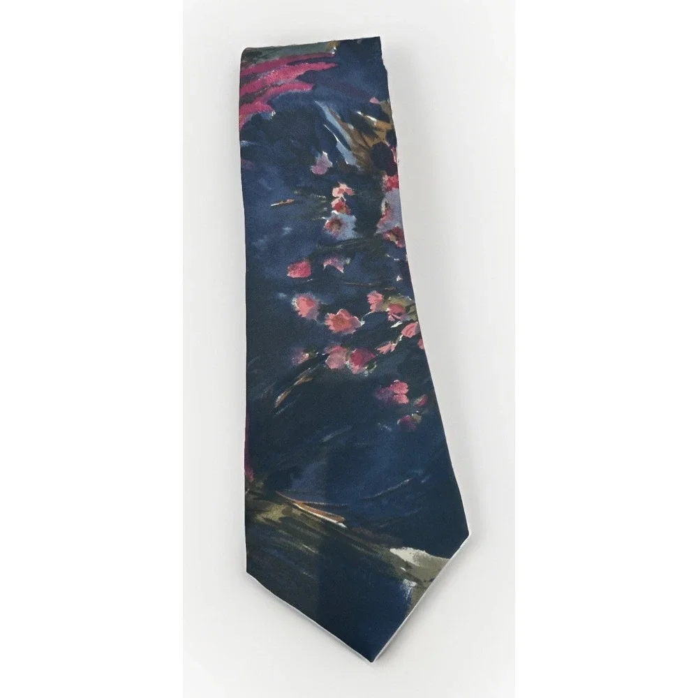 Vintage Navy Blue Italian Silk Tie L'Atelier Floral Abstract Made In USA